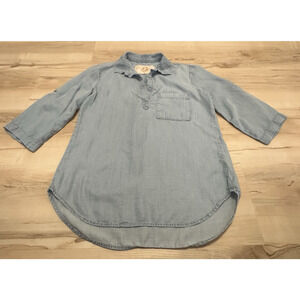 Bella Dahl Women Med Blouse‎ Tencel Pullover Button Down Shirt 3/4 Sleeves Blue